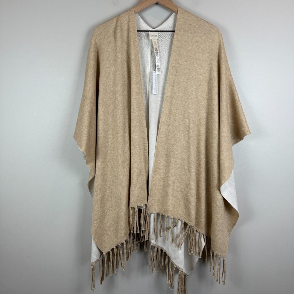 Chico's‎ Cardigan One Size Beige Knit Asymmetrical Open Front Fringe Hem NWT